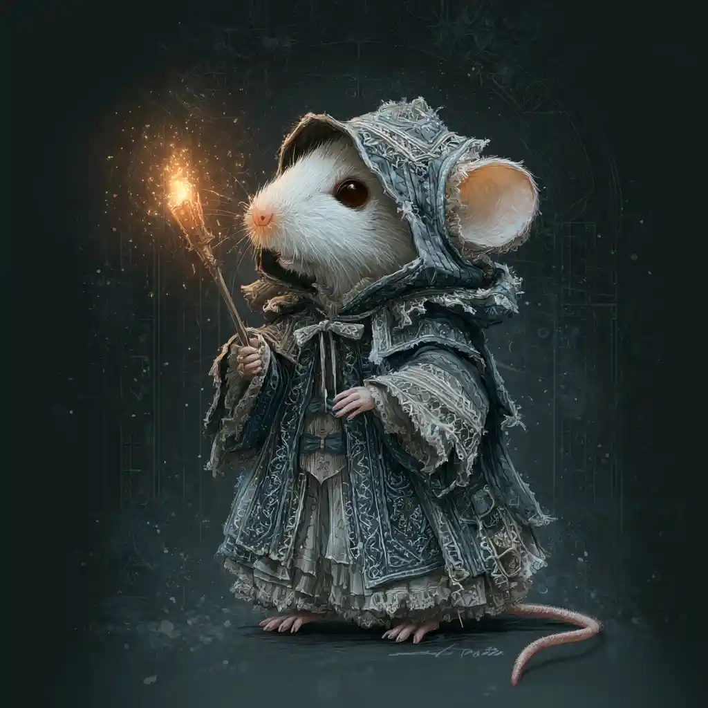 Tiny cloaked mouse carrying a glowing torch