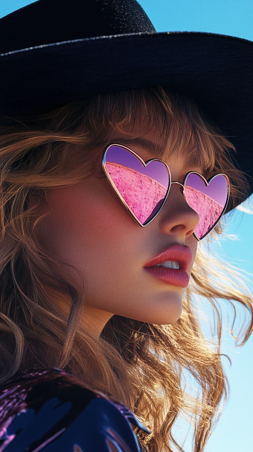 Stylish blonde woman in profile with pink heart sunglasses