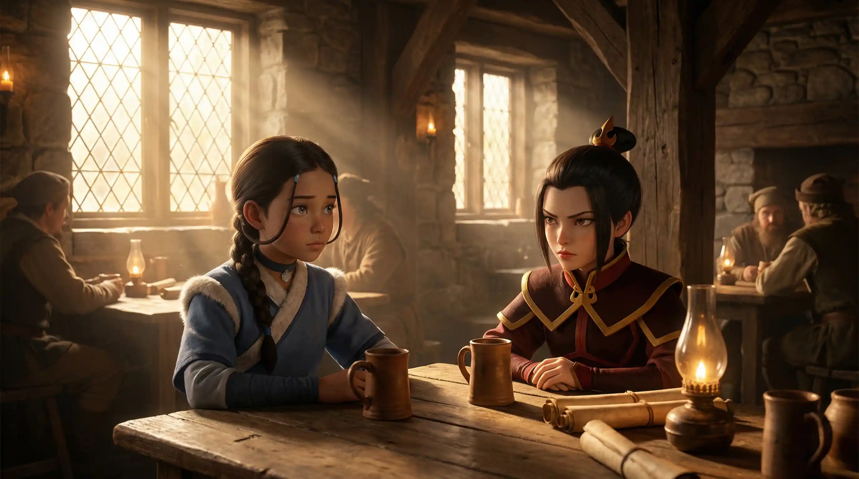 Anime girls in an ancient tavern with warm god ray lighting