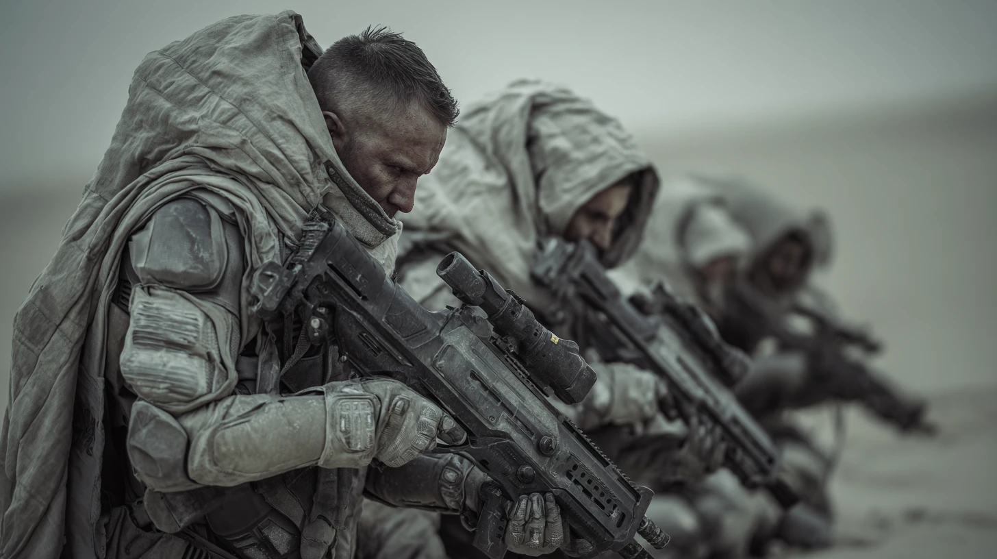 Armored sci fi soldiers advancing on a desert battlefield