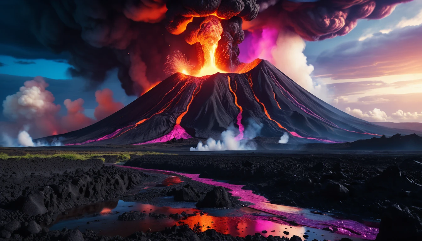 Apocalyptic alien landscape with erupting volcano and flowing lava