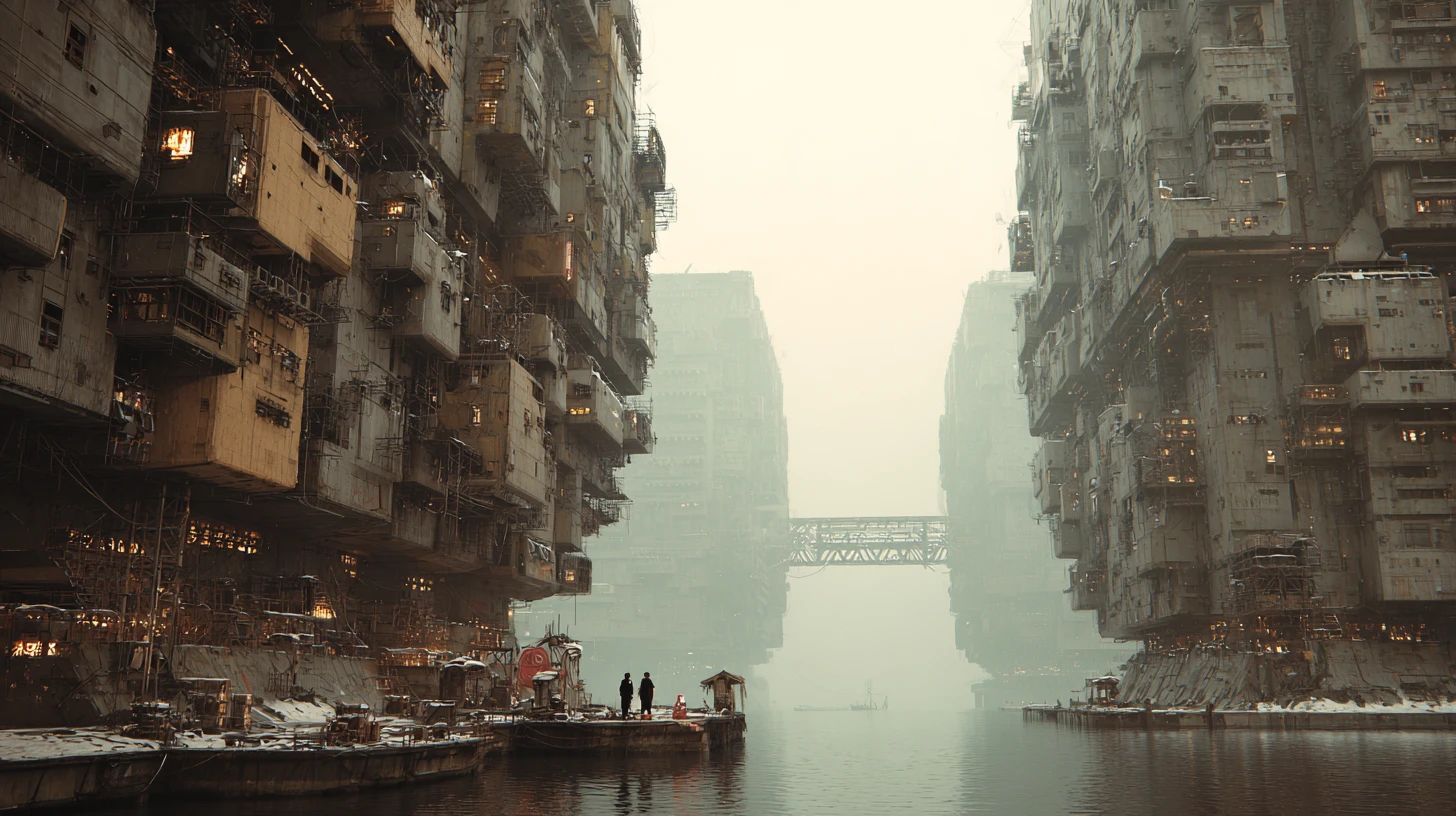 Cyborg figure in a futuristic Chinese ghost shelter city