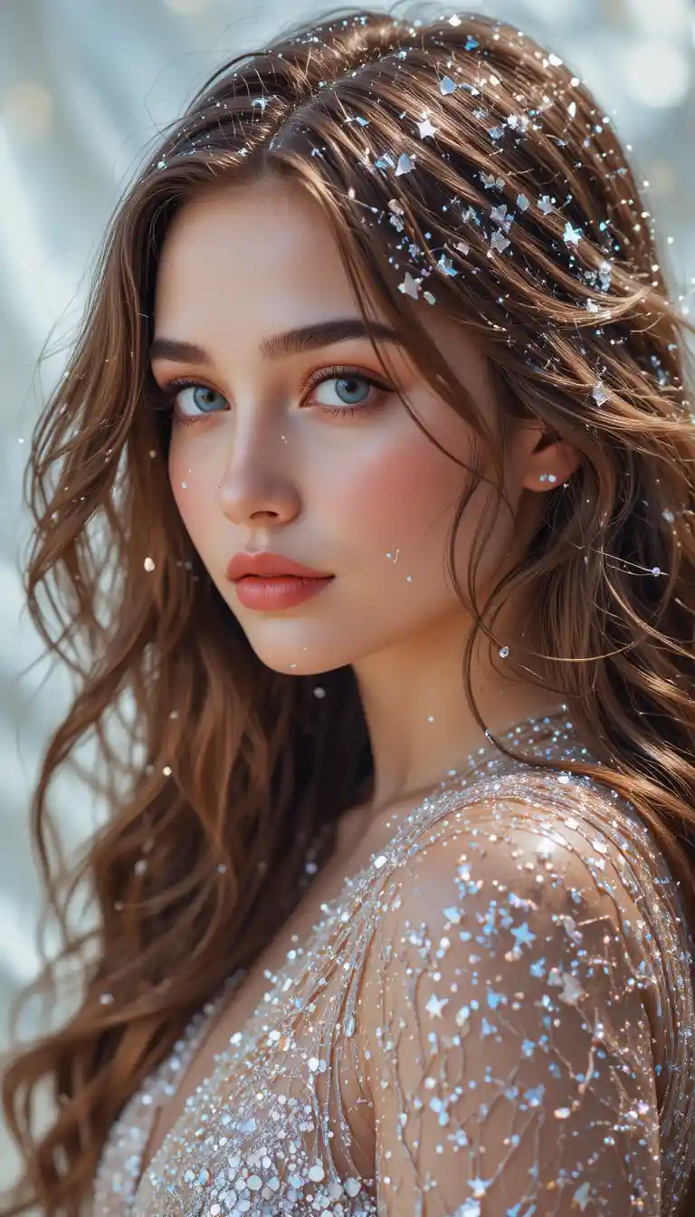Young woman with glittering chestnut hair in soft glow