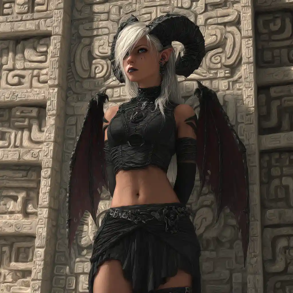 Gothic tiefling woman before an ancient Aztec temple