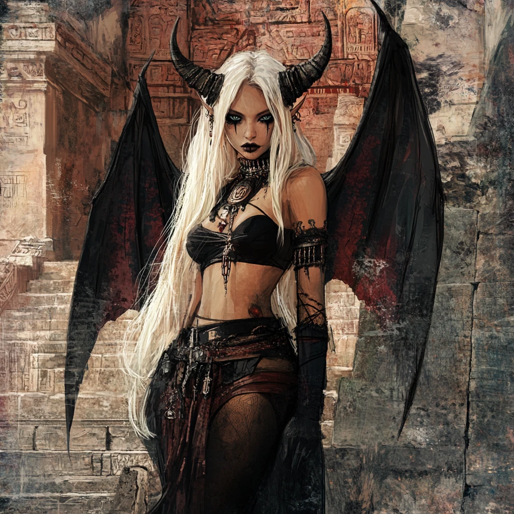 Gothic tiefling woman before an ancient Aztec temple