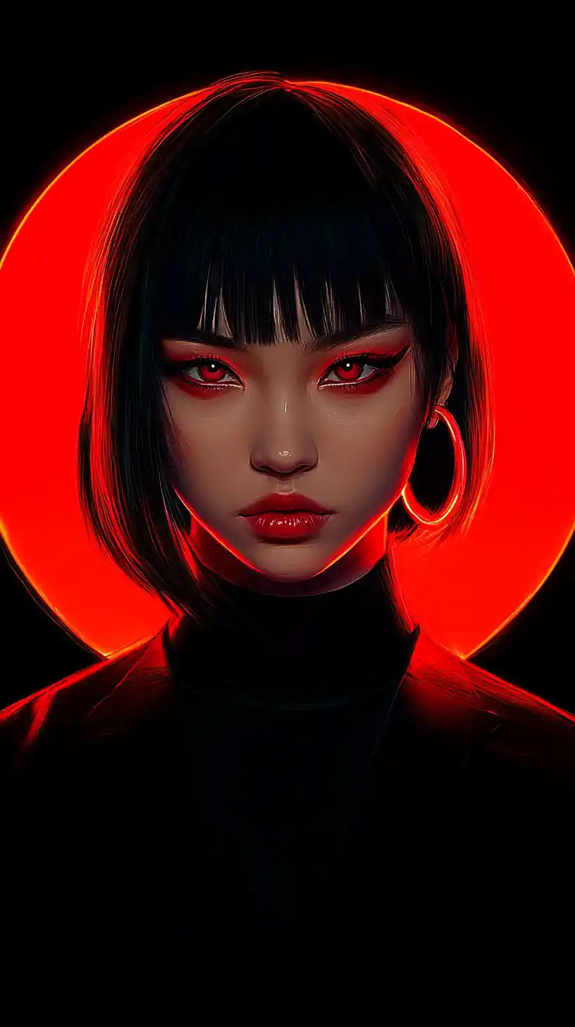 Mysterious woman with red halo and glowing cyberpunk gaze
