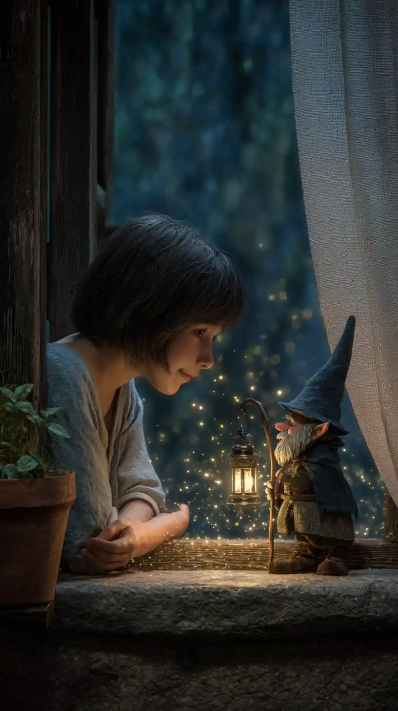 Young woman at stone window with tiny glowing wizard