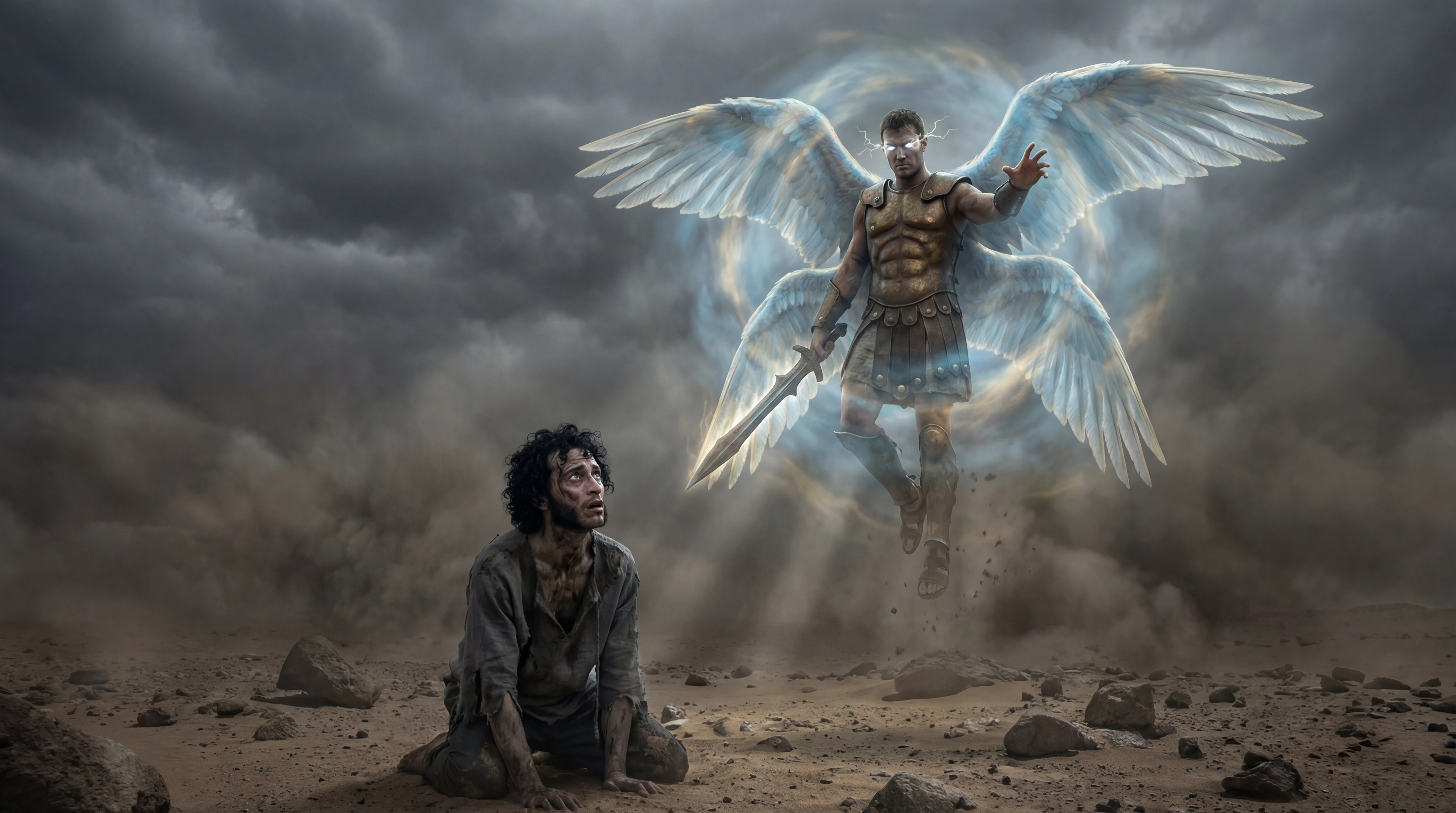 Towering angel confronts ragged sinner in stormy desert