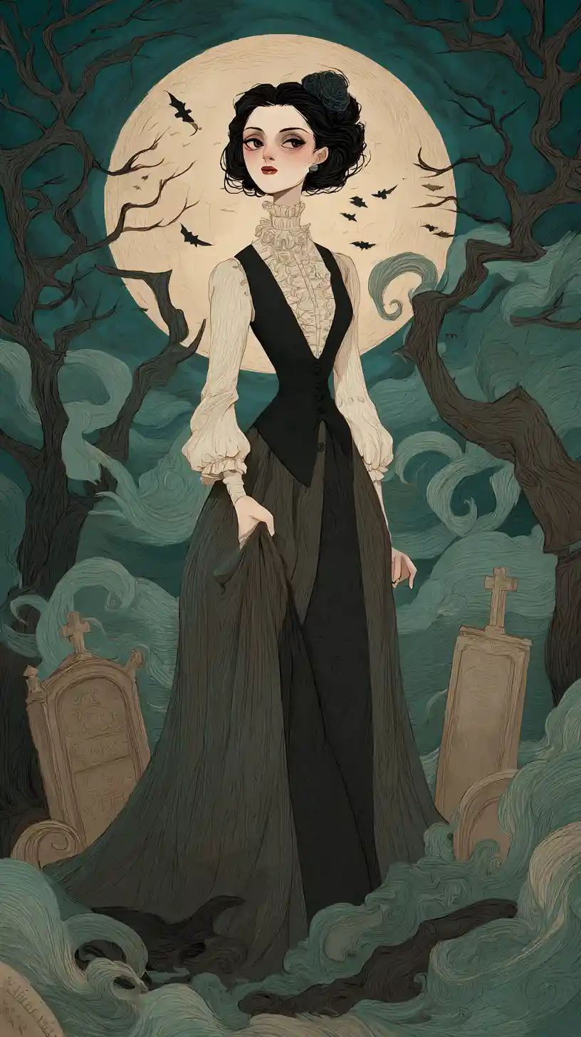 Gothic woman in moonlit graveyard with twisted trees