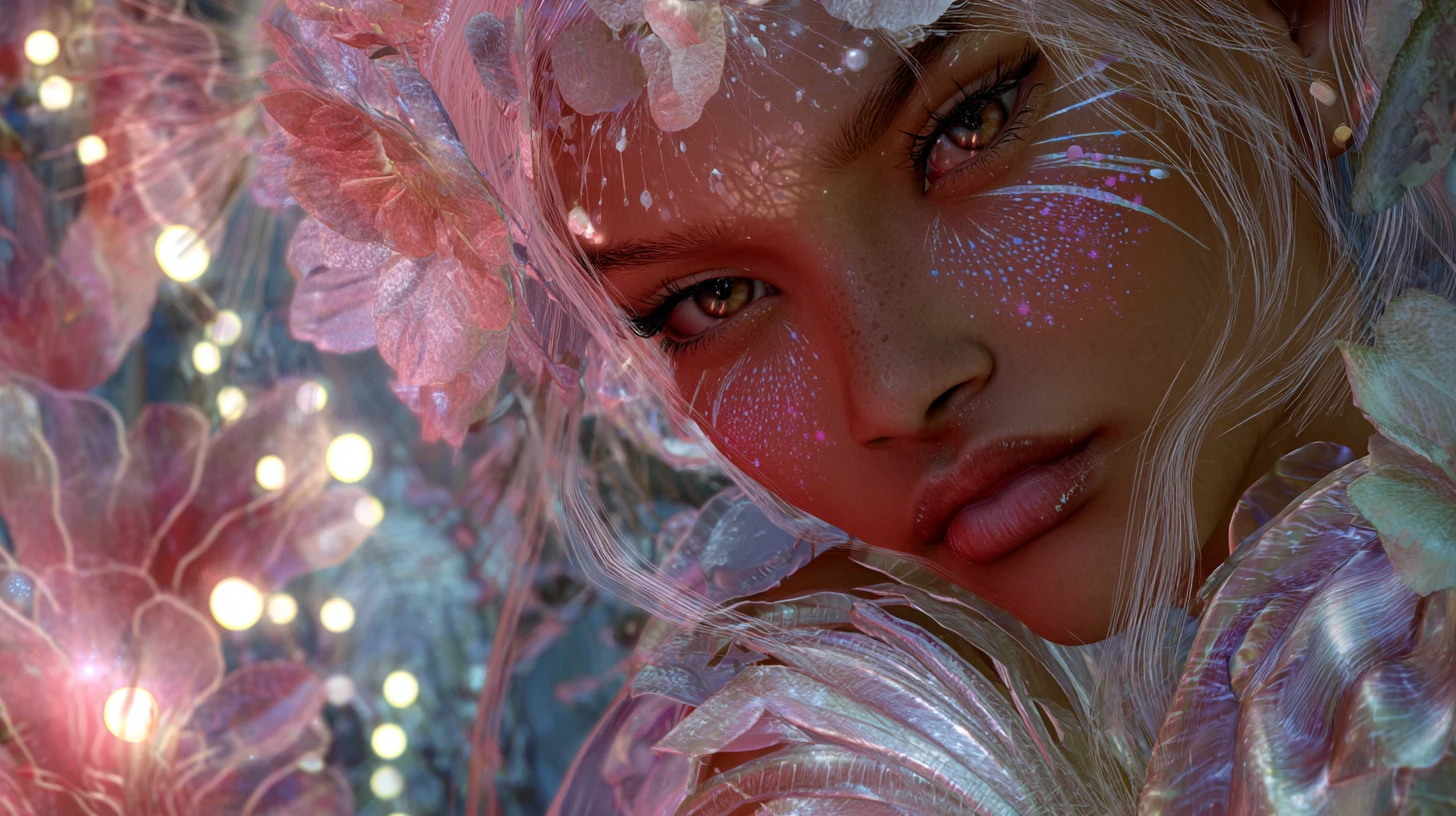 Ethereal bio engineered princess floating in a glowing fantasy