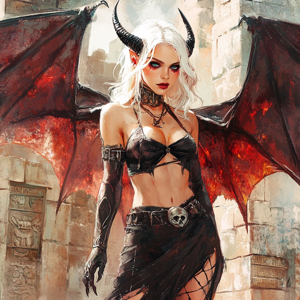 Gothic tiefling woman before an ancient Aztec temple