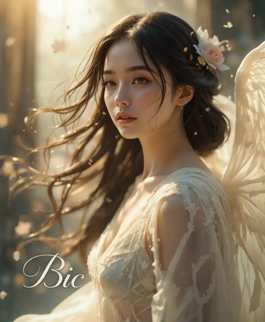 Ethereal woman in soft glowing light with flowing black hair