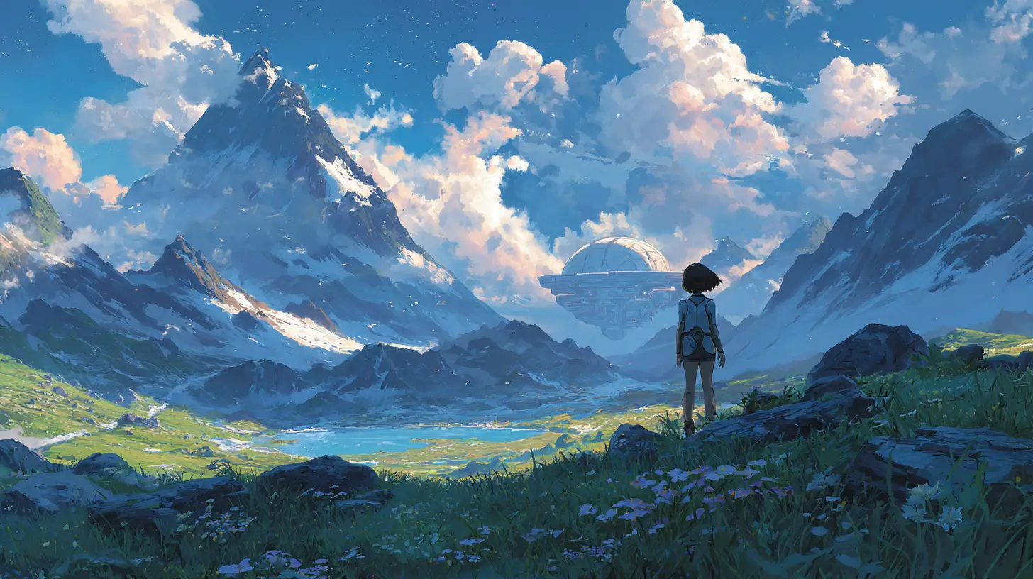 Anime girl on a tranquil island at twilight sky
