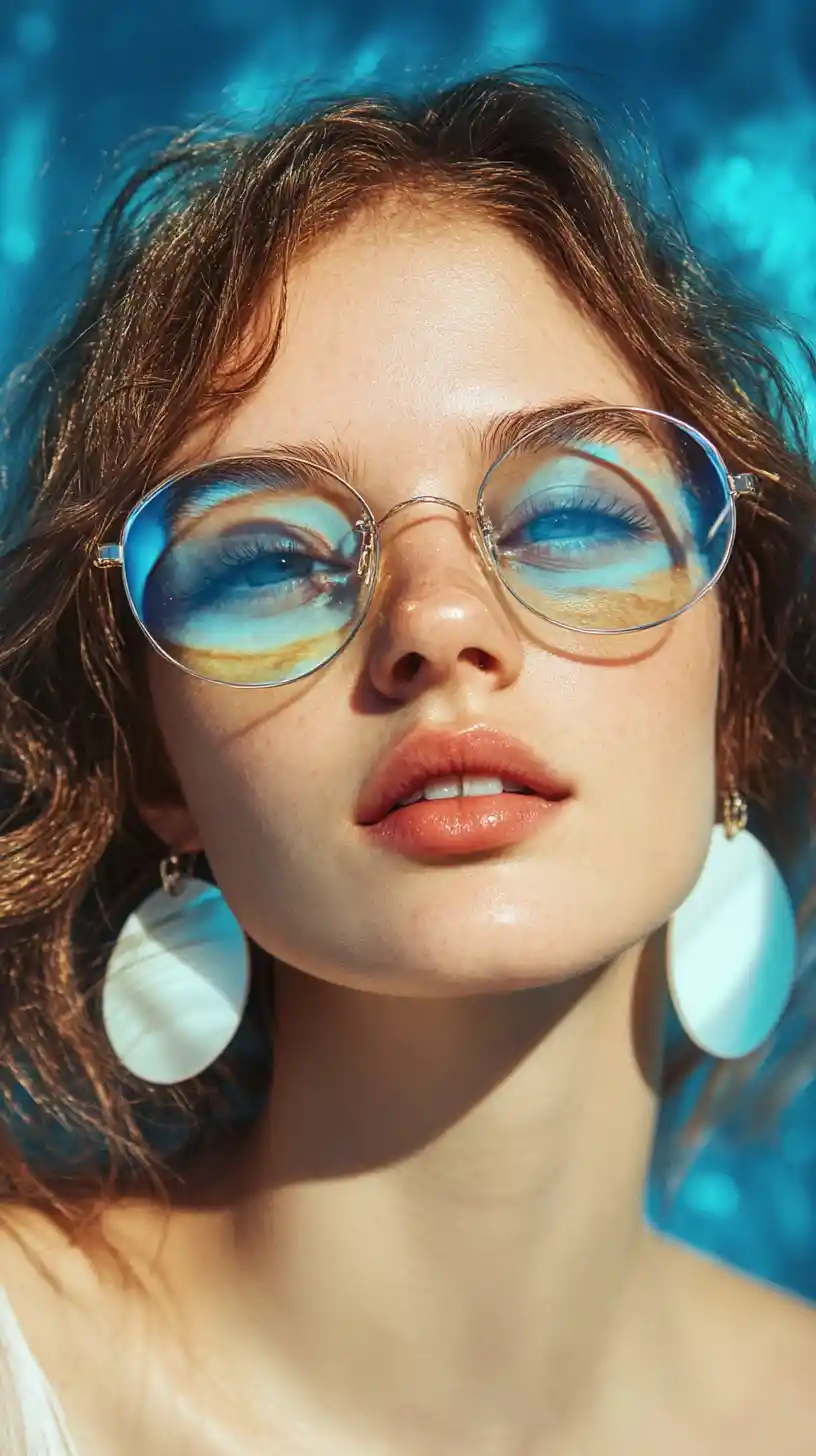 Turquoise haired girl with round sunglasses in watercolor portrait