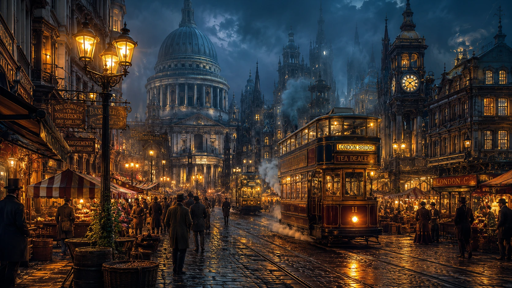Fantastical London street with steam trams and gas lamps