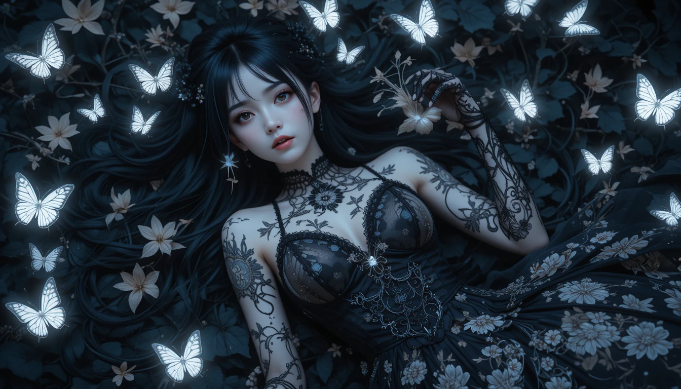 Anime-Mädchen im gothischen Kleid mit leuchtenden Schmetterlingen