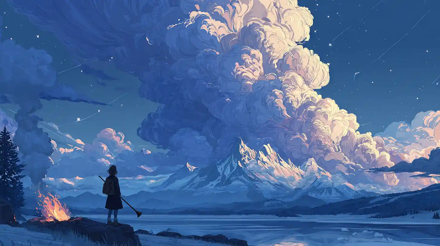 Teenage girl watching towering clouds over snowy mountains
