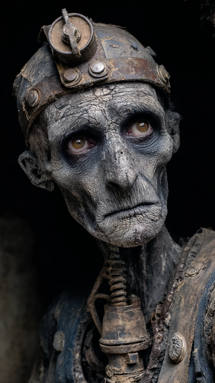 Grotesque necrotic humanoid portrait with glowing amber eyes