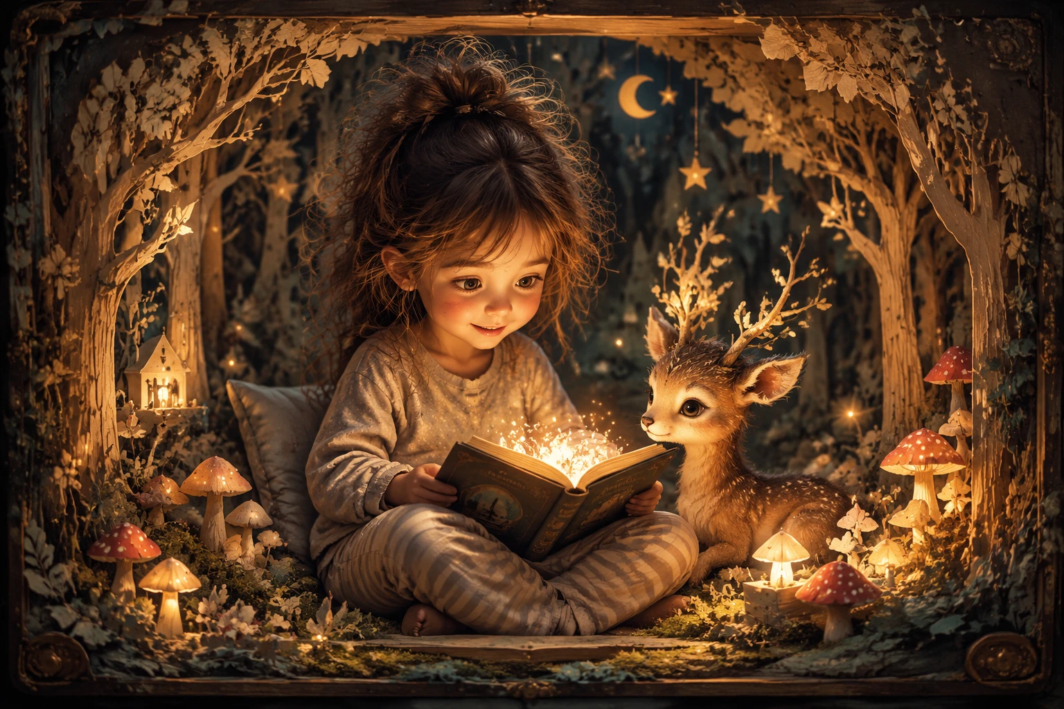 Little girl reading to a tiny forest spirit deer