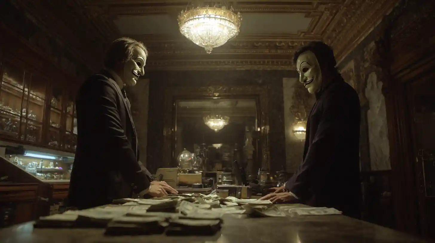 Masked bank robbers in a tense cinematic shootout scene