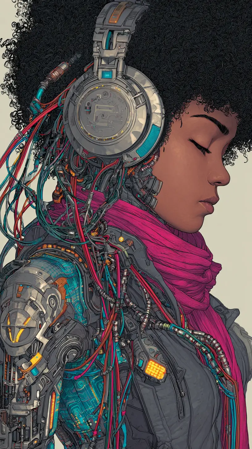 Afro futurist woman in profile with mechanical headphones