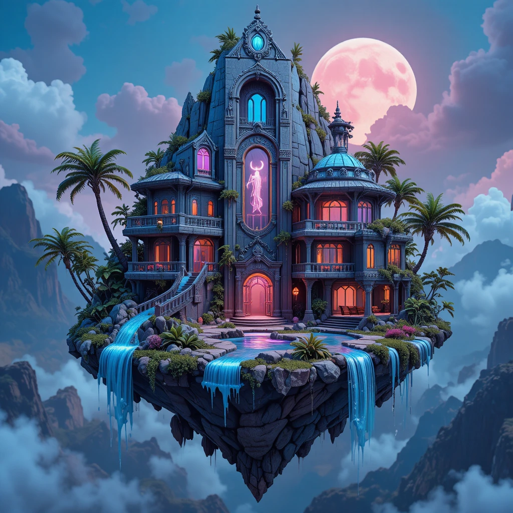 Floating Island Temple Diorama With Neon Lit Waterfalls