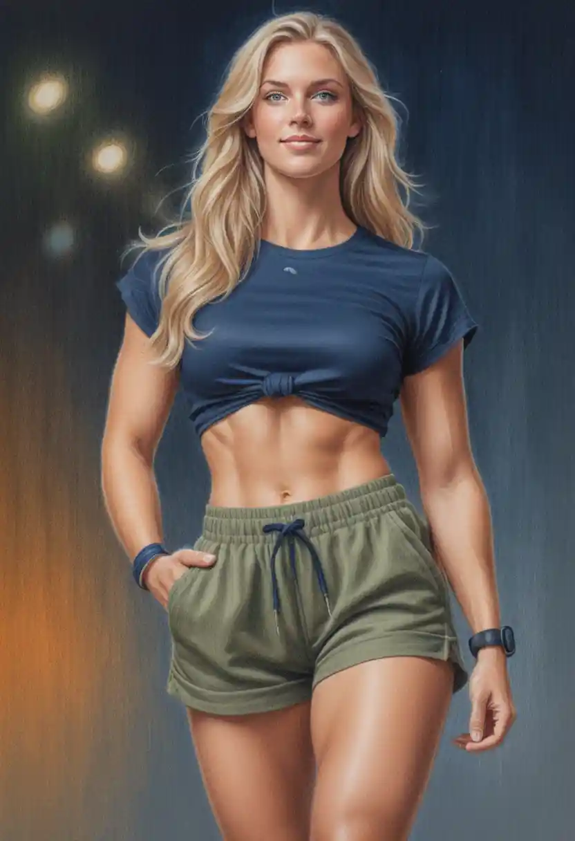 Athletic blonde woman in crop shirt colored pencil portrait