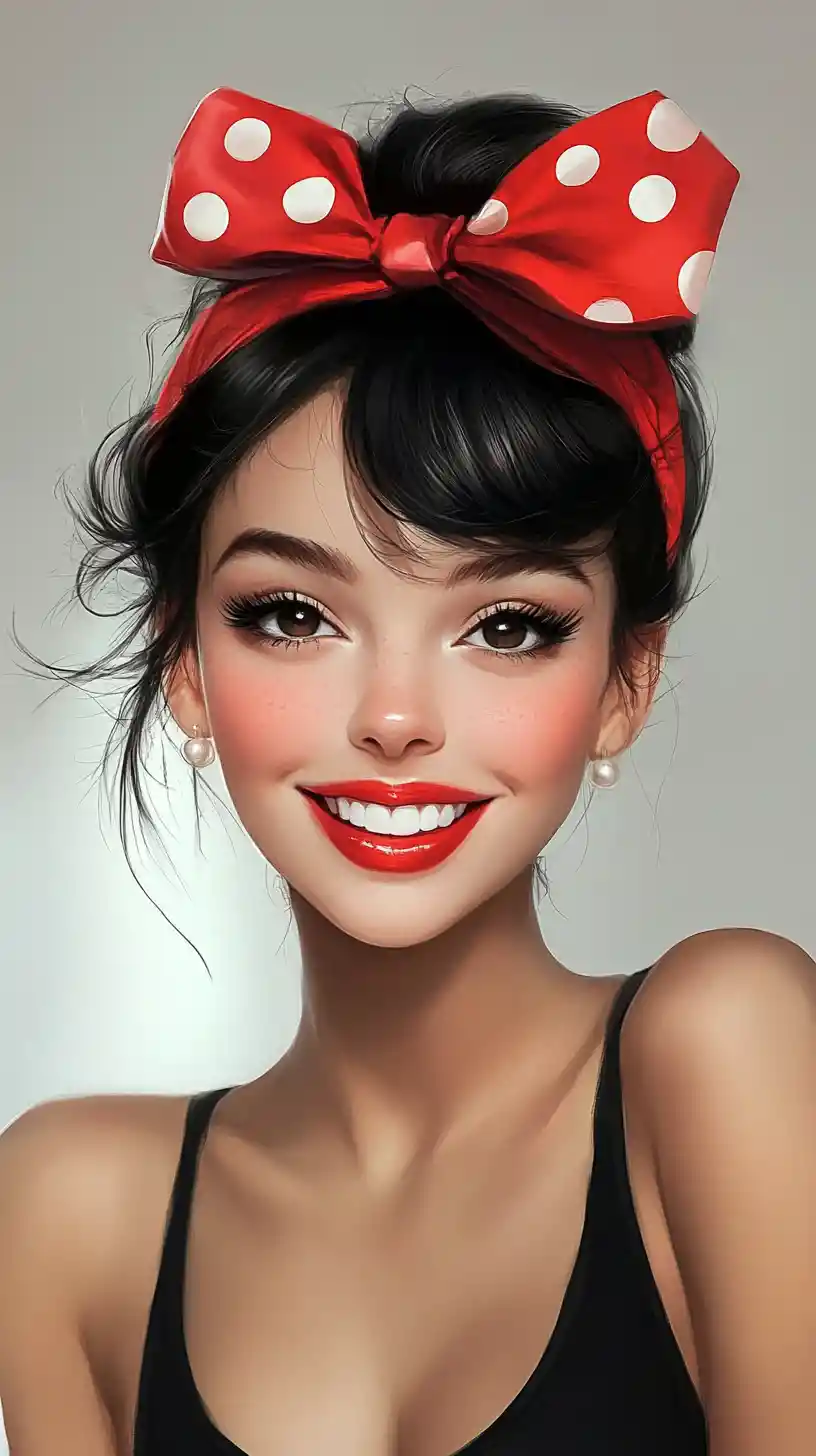 Joyful woman with polka dot bow in Disney inspired portrait