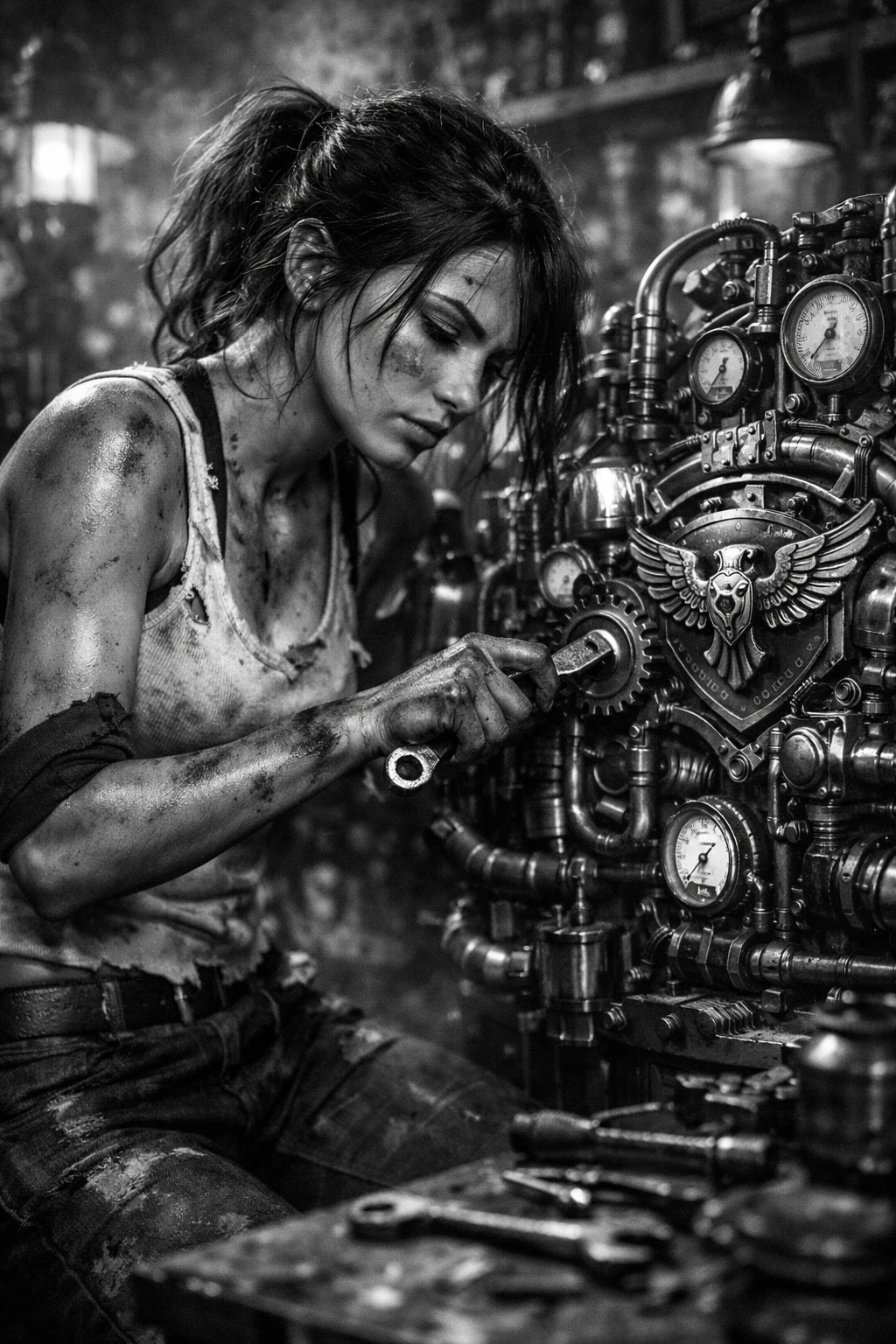 Determined female mechanic repairing a complex steampunk machine