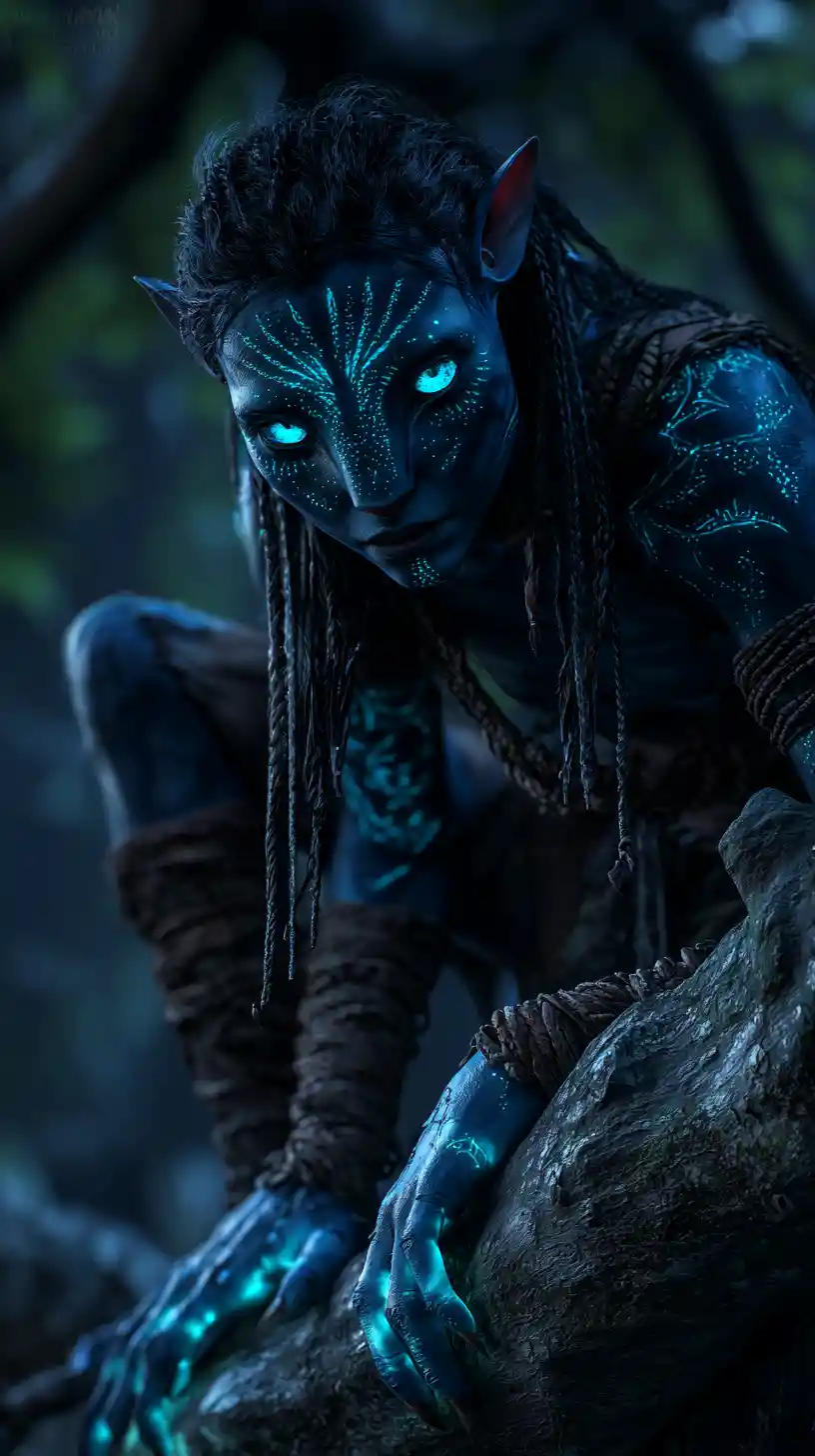 Bioluminescent feline warrior woman in dark fantasy forest