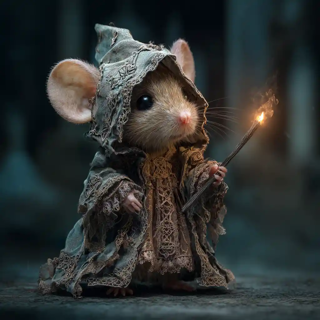 Tiny cloaked mouse holding a glowing torch