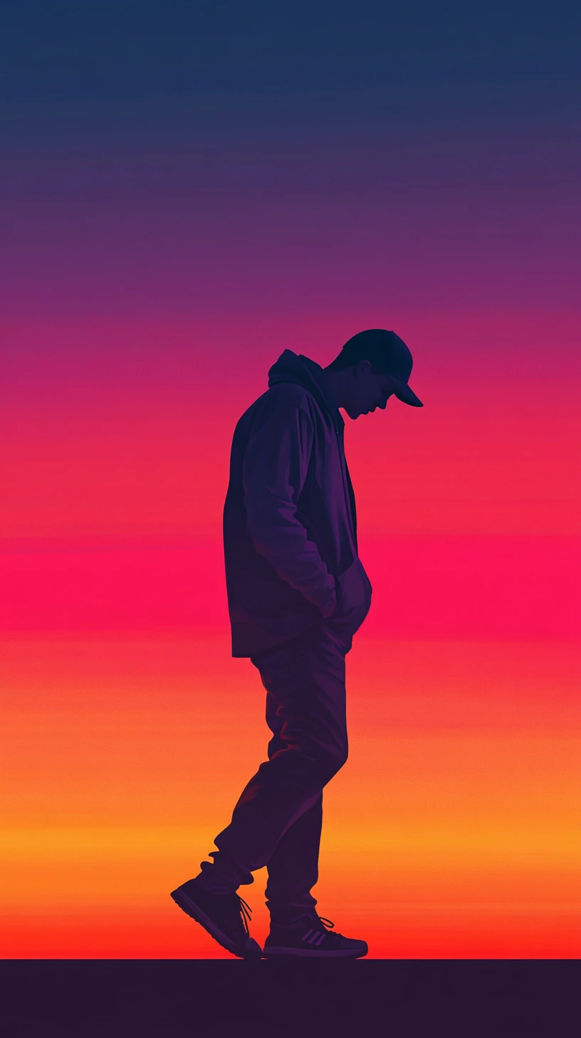 Silhouetted man walking under a vibrant gradient sky
