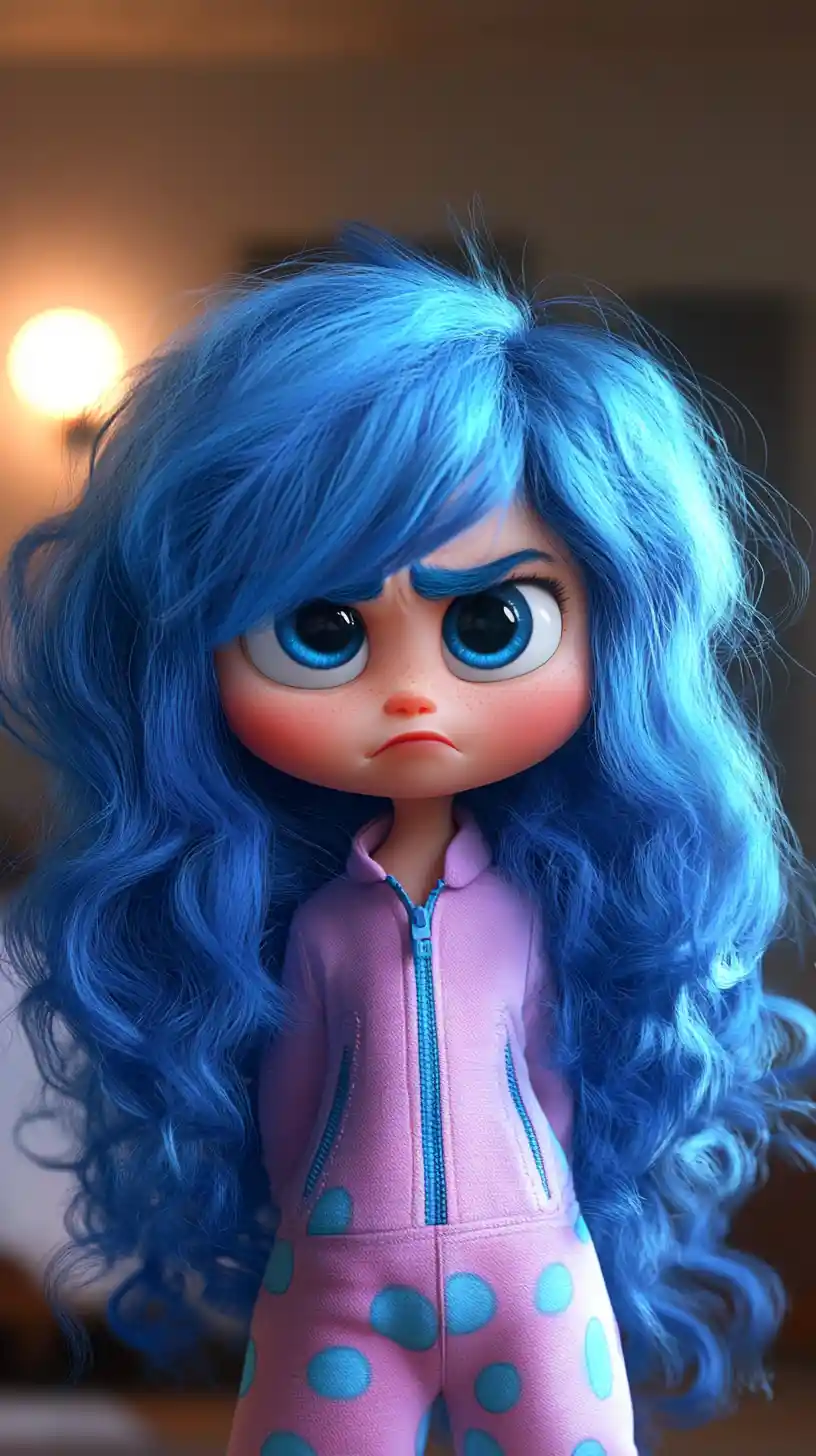 Blue haired animated girl pouting in cozy home interior