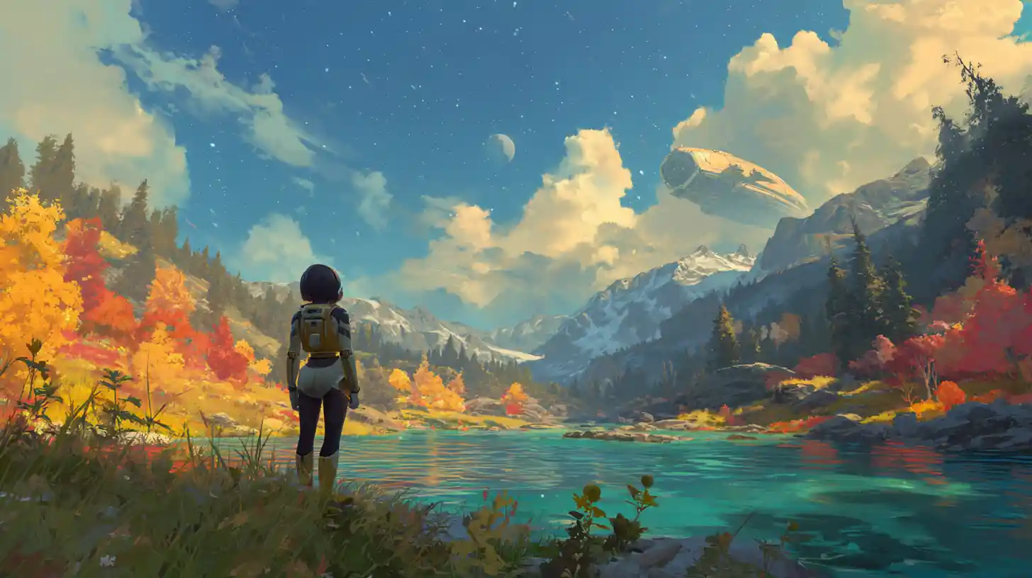 Girl in spacesuit on a calm autumn riverside shore