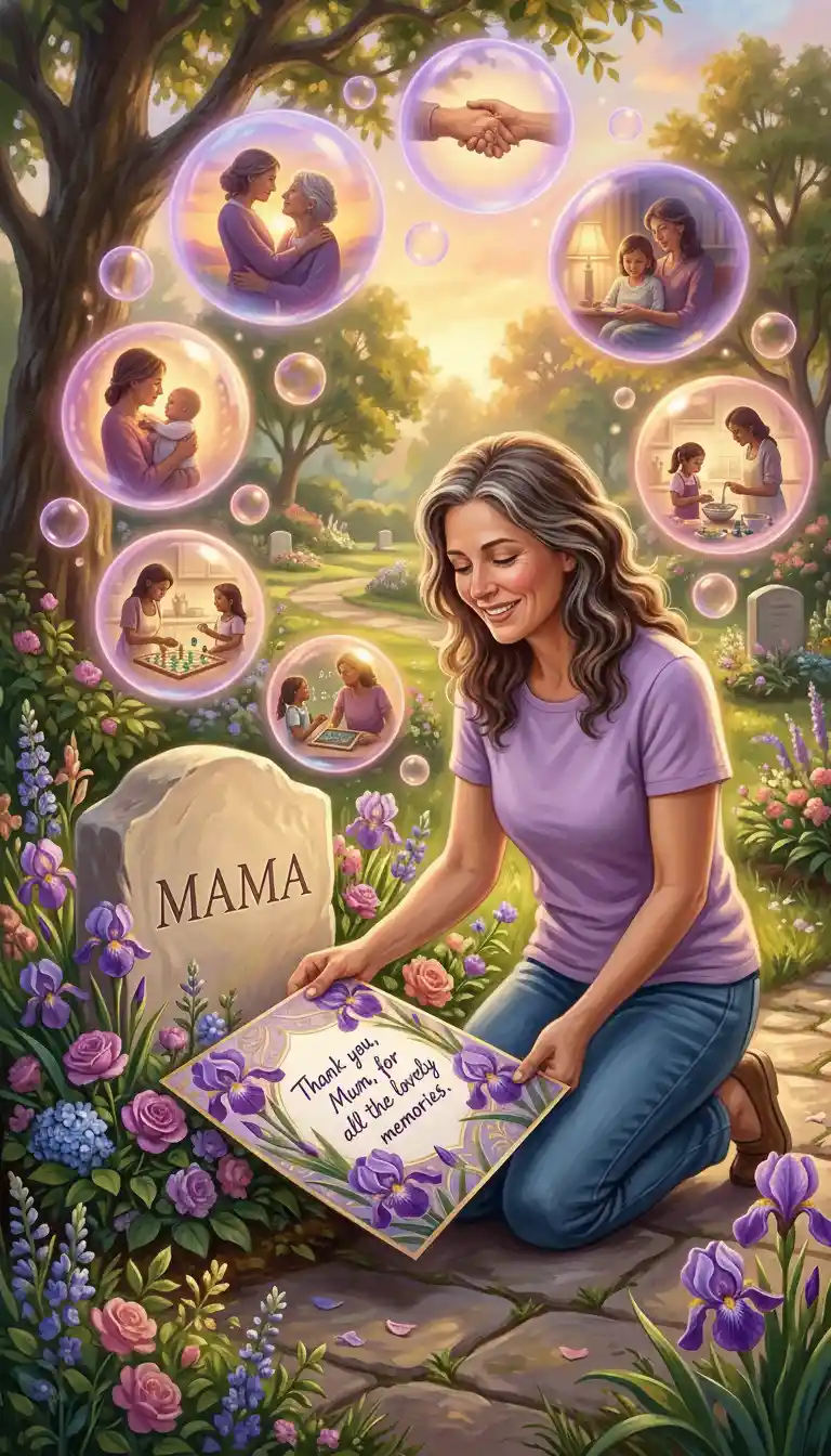 Woman honoring her mother at a sunlit garden grave