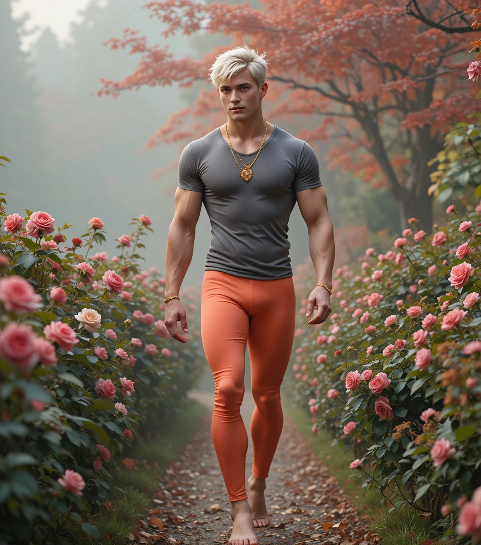 Barefoot young man walking through a misty autumn garden