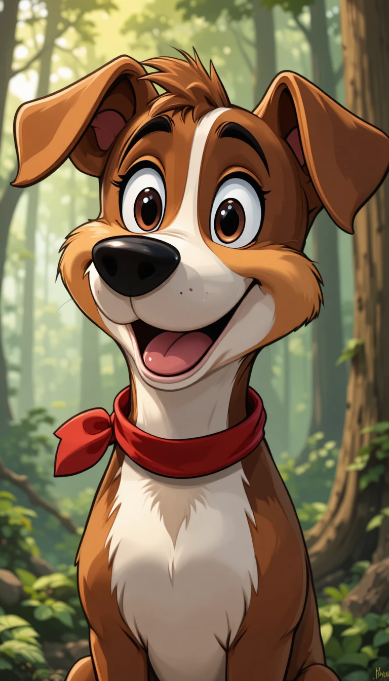 Smiling cartoon dog with red bandana in forest close up