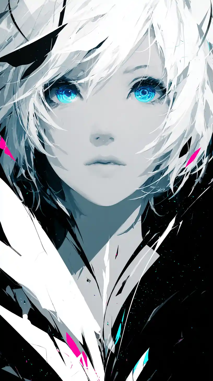 Anime girl with glowing electric blue eyes in abstract contrast