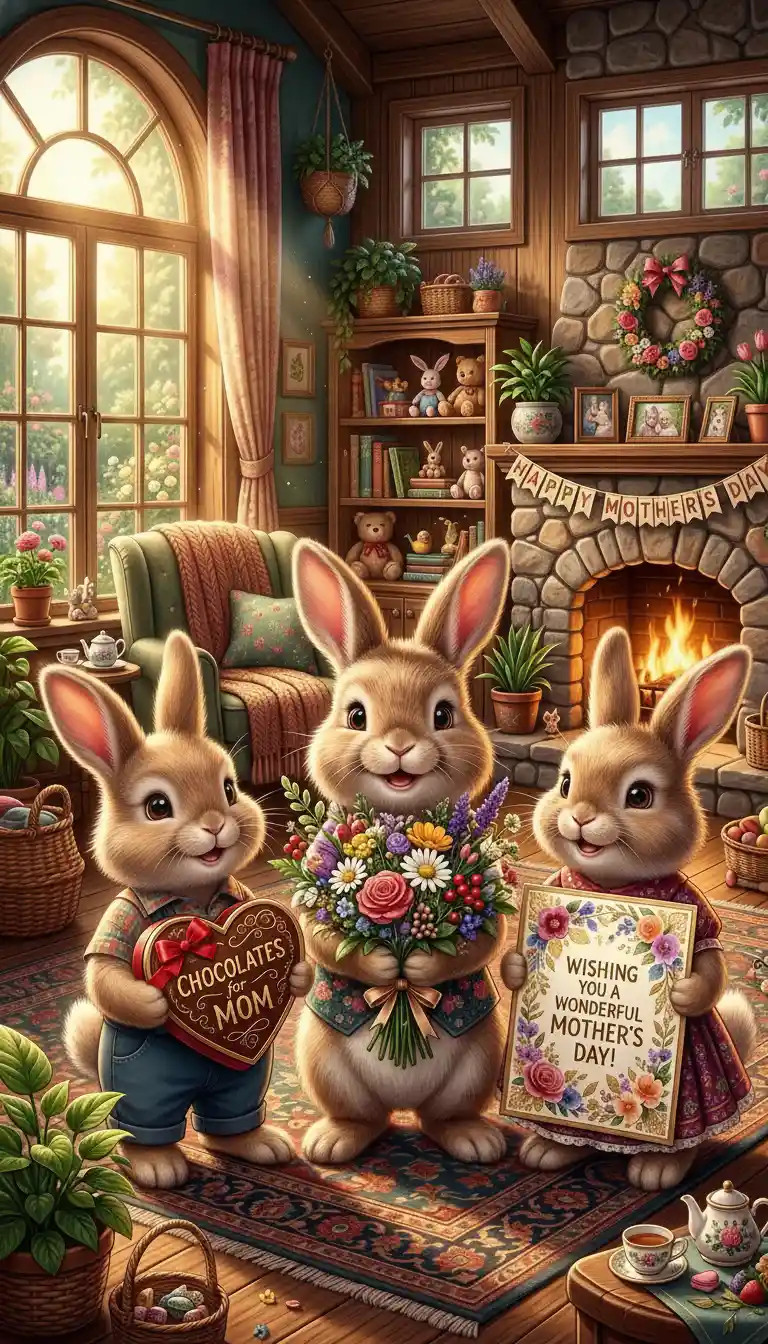 Cute baby rabbits celebrating a colorful mothers day