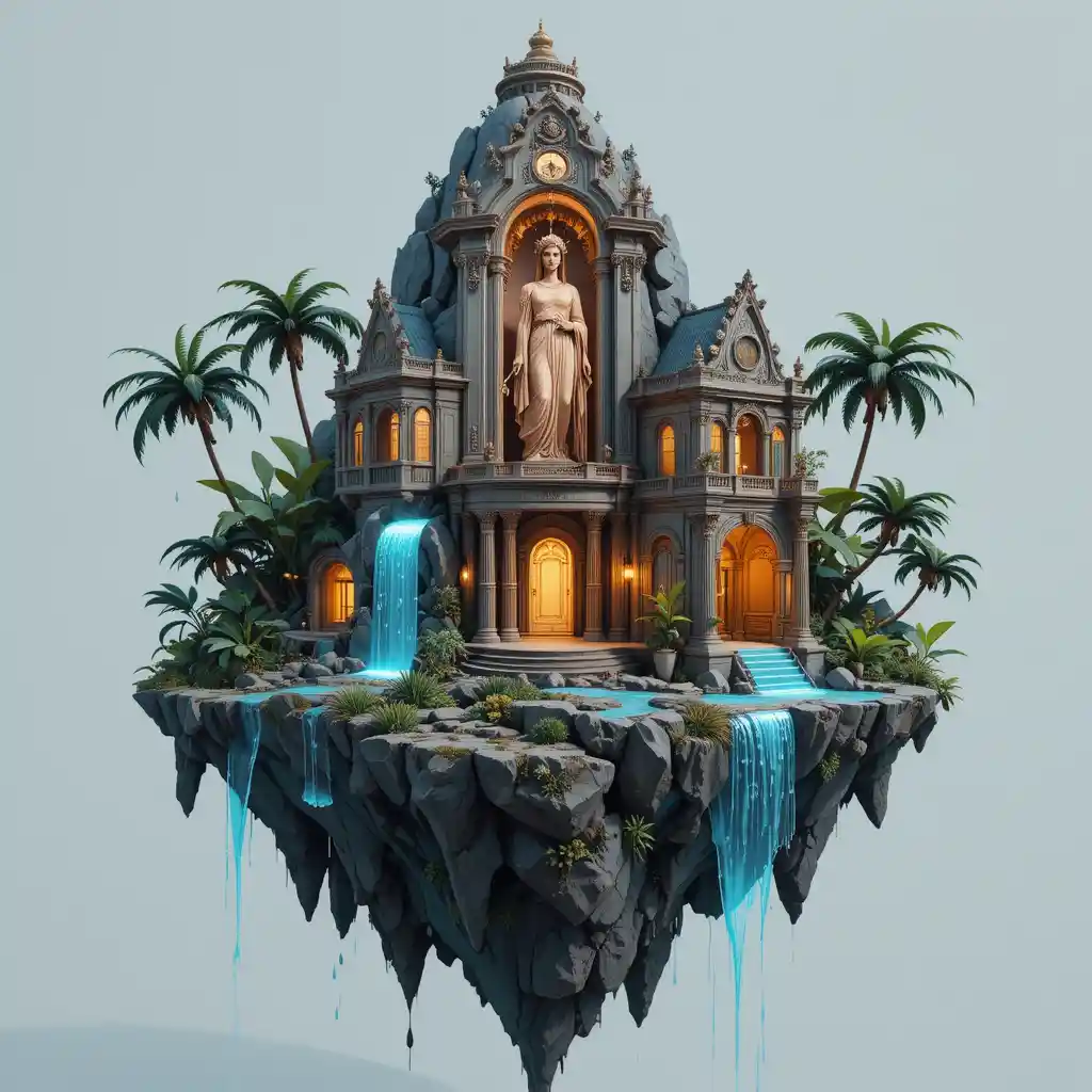 Floating island temple with neon lit greek goddess relief