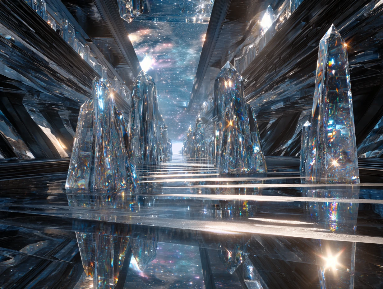 Alien glass beings crossing a vast starship bridge