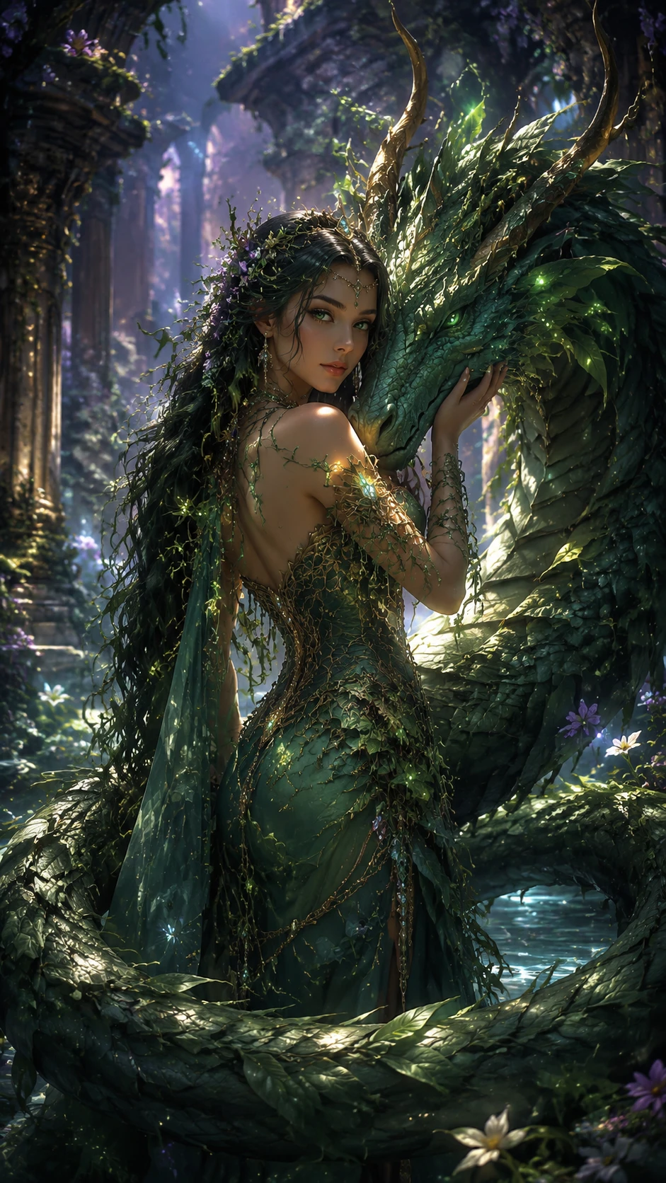 Vine empress with verdant dragon in ancient temple