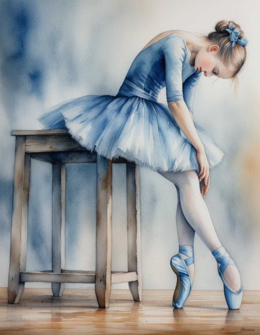 Seated ballerina in blue tutu on rustic wooden stool