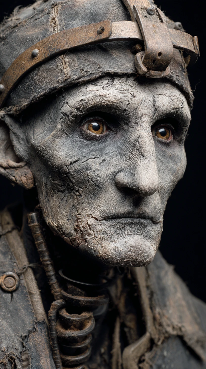 Grotesque necrotic humanoid portrait with glowing amber eyes
