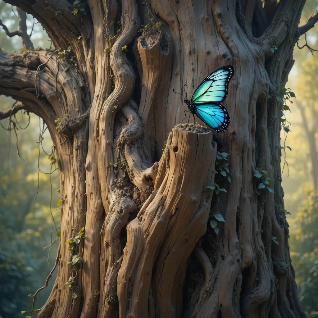 Blue and green butterfly on an ancient tree in sunlight