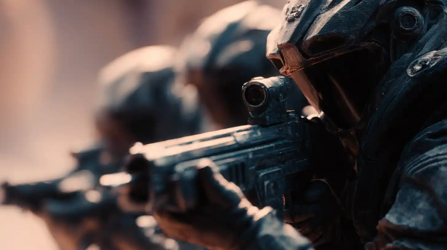 Sci fi marine squad aiming smartgun on alien battlefield