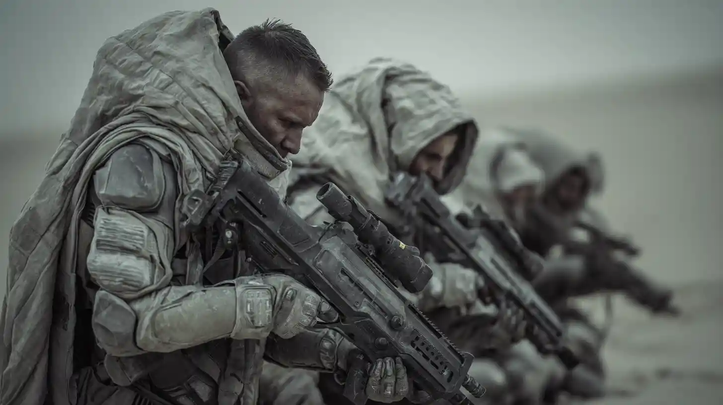 Armored sci fi soldiers advancing on a desert battlefield