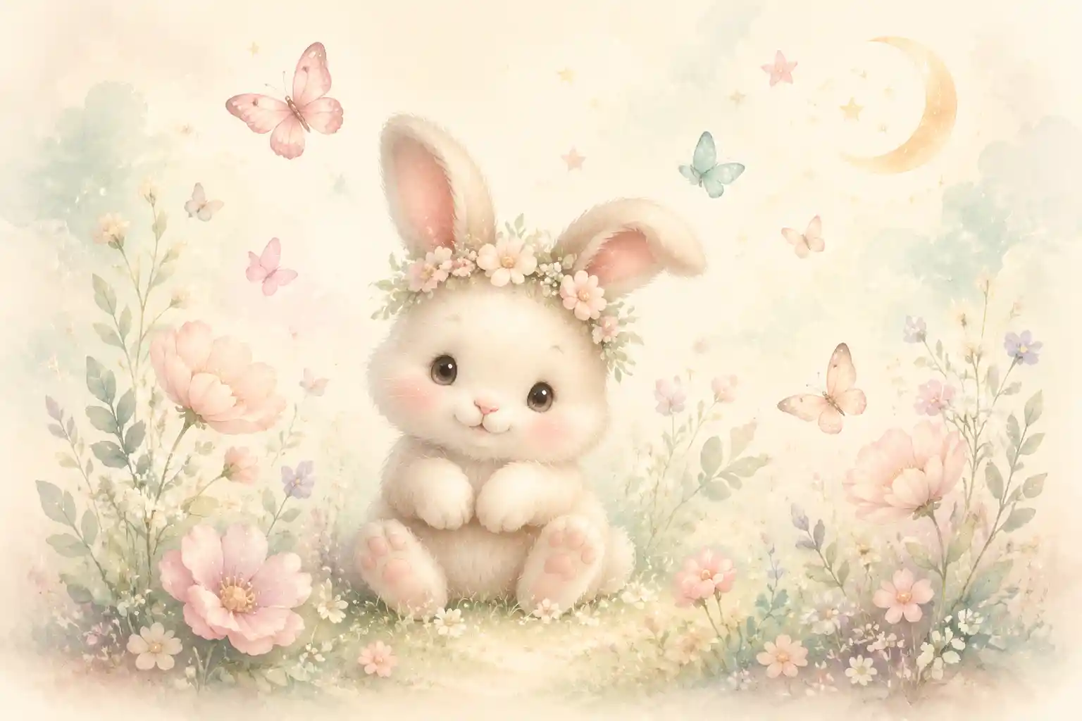 Cute baby rabbit among pastel flowers and butterflies