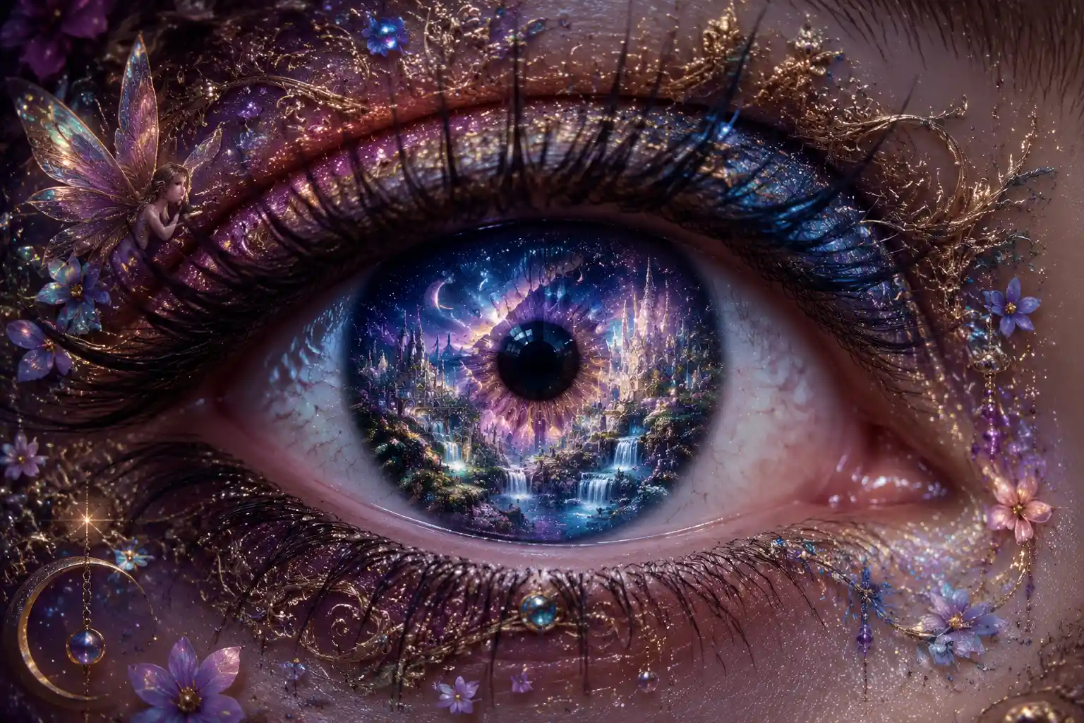 Surreal close up eye revealing a fantastical inner world