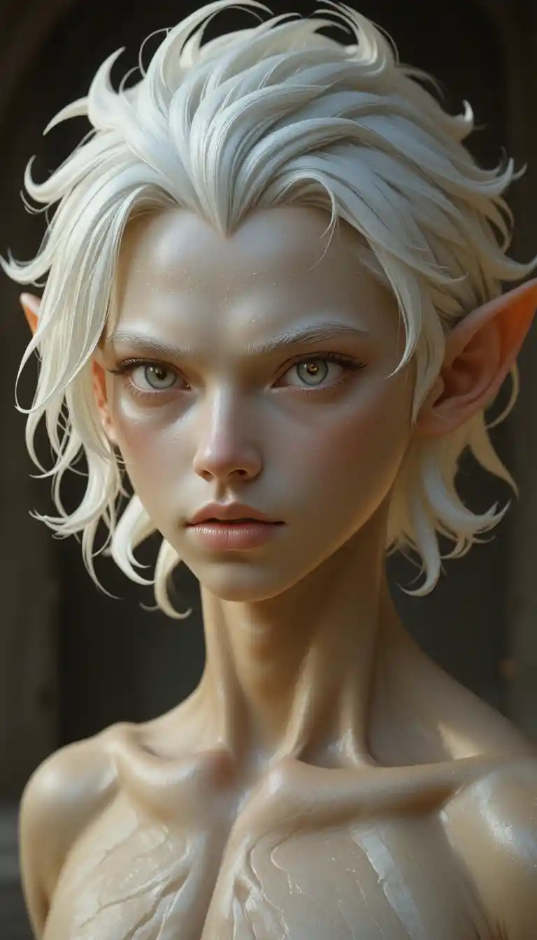Young translucent ghost man with pale skin and white hair